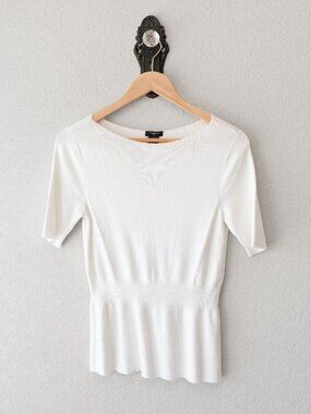 Ann Taylor Petite White Sweater Top MP Medium Rib Knit Short Sleeve Peplum Caree